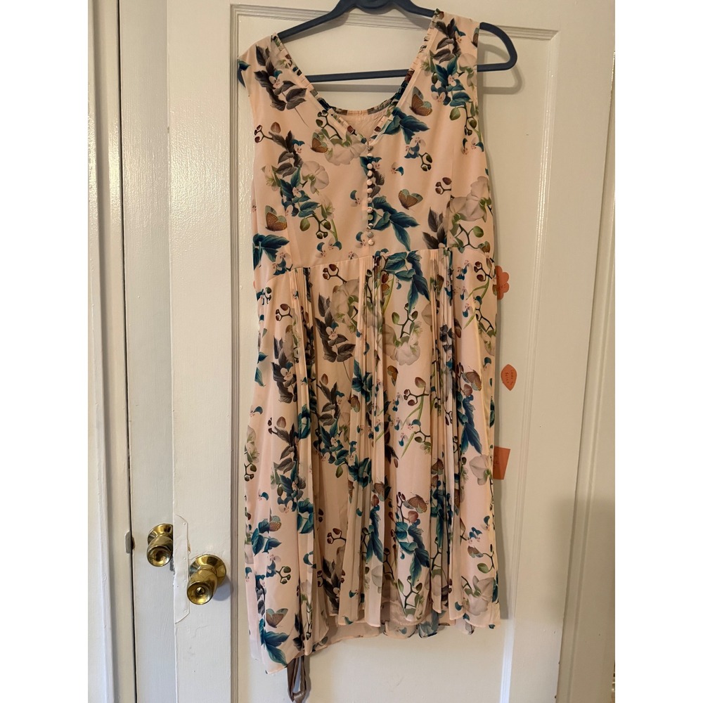 Monsoon Peach Floral Butterfly‎ Pleated Midi Dress Pink Botanical US 16 453031 - Picture 6 of 9